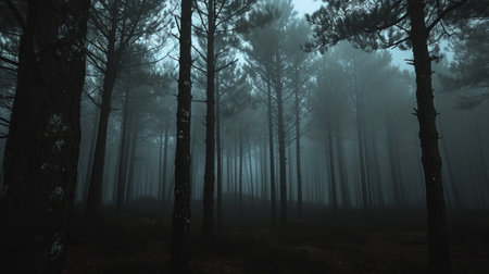 Dark foggy pine scary forestの素材