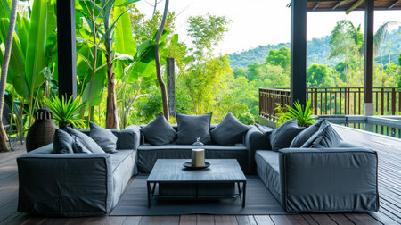 Decorated with gray fabric furniture surrounded with green natureの素材