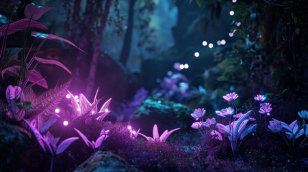 Fantasy glowing purple plants in forest with lights in the backgroundの素材