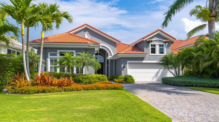 Facade of an elegant house with gray walls with white details, a red tiled roofの素材