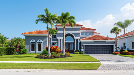 Facade of an elegant house with gray walls with white details, a red tiled roofの素材