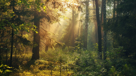Fantasy fairy tale magical forest, sunny evening light through the branches of treesの素材
