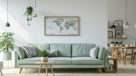 Stylish scandinavian living room with design mint sofa, furnitures, mock up poster mapの素材