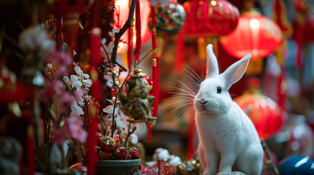 white rabbit in the cina town with lunar new years decoration background. AI Generativeの素材