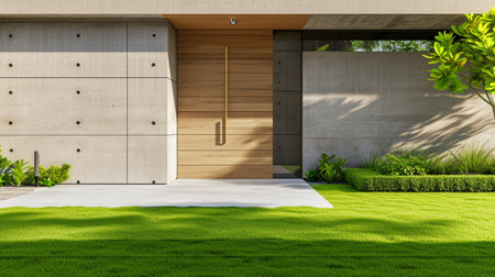 Luxury house with concrete wall and wooden front door in modern designの素材