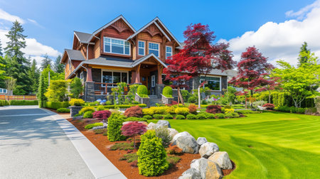 Luxury house with beautiful landscaping on a sunny day. Home exteriorの素材