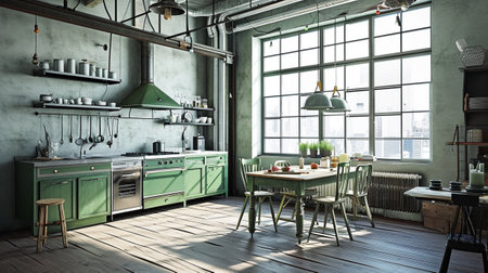 Green kitchen and minimalist interior design, industrial interiorの素材