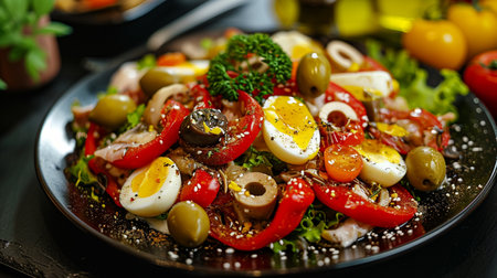 Spanish cuisine. Mixed salad fish salad, red and green Bulgarian pepperの素材