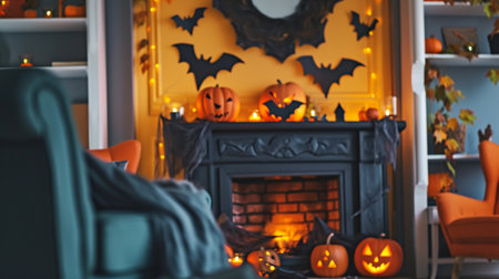 interior of living room decorated for Halloween with fireplace and paper batsの素材