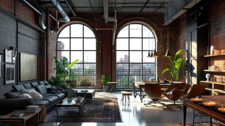 Industrial Style Loft Apartment with arch windows and indoor balcony, industrial interiorの素材