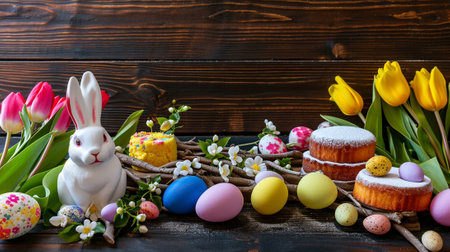 Easter composition of the branches,Easter bunny, cakes, tulips colored eggs cooked for the holidayの素材