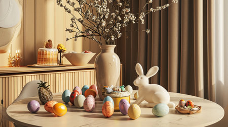 Interior design of easter dining room interior with round table, colorful eggsの素材