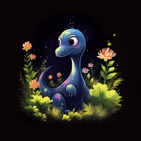 black background.abstract water color style of cute baby brontosaurus mascotの素材