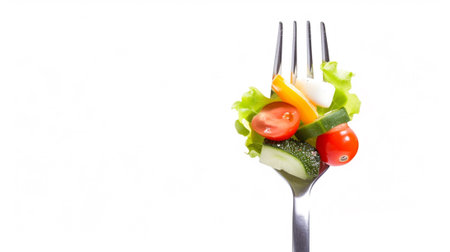 Close up of fork with food isolated on white backgroundの素材