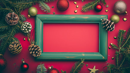 Merry Christmas sign banner green wood frame with empty space and festive decoration on redの素材