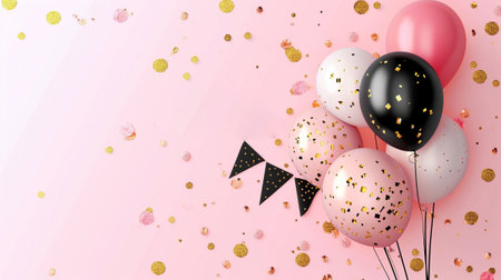 luxury happy birthday greeting template with balloon, birthday flag and glitterの素材