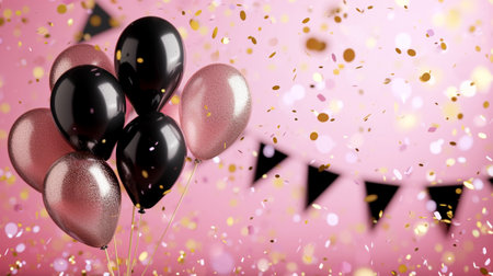 luxury happy birthday greeting template with balloon, birthday flag and glitterの素材