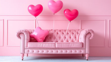 valentines day, Pink sofa decorated with heart balloonsの素材