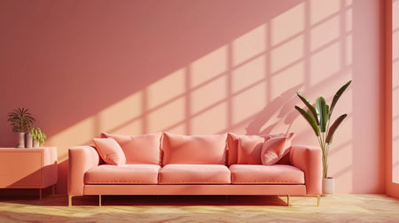 Peach fuzz room ,minimal interior livingroom. peach sofa with peach color paint wallの素材