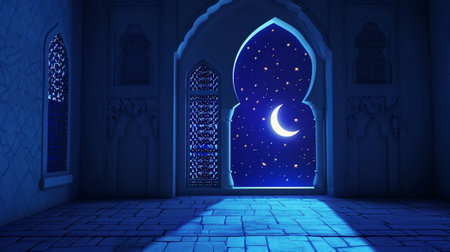 Ramadan Kareem background. Islamic mosque interior. Luminous window in the moonlightの素材
