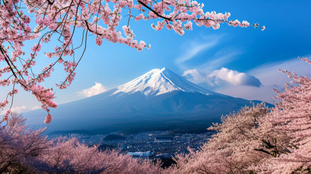 Panorama view of Mountain fuji in Japan during cherry blossom spring seasonの素材