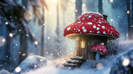 Red Mushroom house With White Spots Flakes in a fantasy forest with snow and light winter designの素材