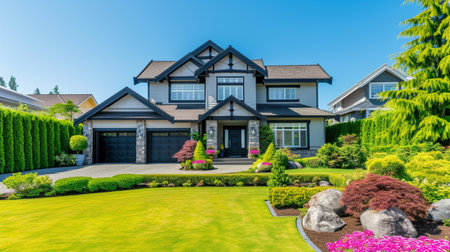Real Estate Exterior Front House on a sunny day. Big modern custom made luxury house with nicelyの素材