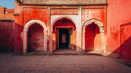 red old traditional building with archの素材