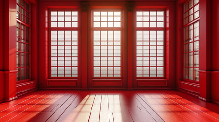 room with large windows. Red Empty room, ramadanの素材