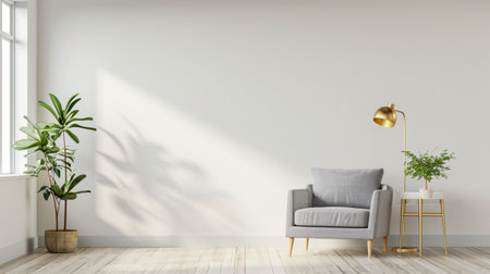 Scandinavian style livingroom with gray fabric armchair, golden lamp and plantsの素材