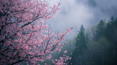 Sakura blossom and black misty forestの素材