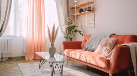 Stylish studio apartment interior with comfortable peach fuzz color sofaの素材