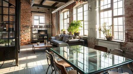 Living room loft in industrial style with glass tableの素材