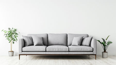 Living room interior wall mock up with gray fabric sofa and pillows white backgroundの素材