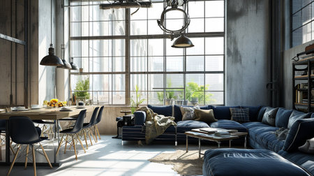 Loft apartment in industrial style with big windowの素材