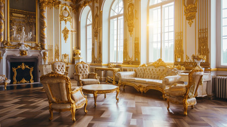 luxurious royal interior the sitting room light walls decorated with stucco moldingの素材