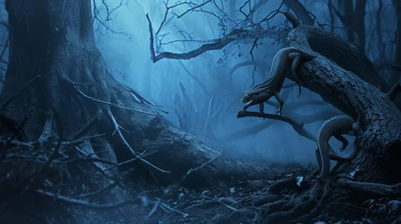Spooky Halloween dead mysterious forest creepy trees with twisted roots and two lizardの素材