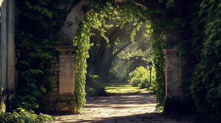 Stone arch entrance gate covered with ivy. Archway to the park with sunlightの素材