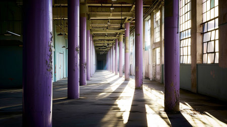 The sunlight shines through columns in a long and lilac corridor, industrial interiorの素材