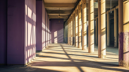 The sunlight shines through columns in a long and lilac corridor, industrial interiorの素材