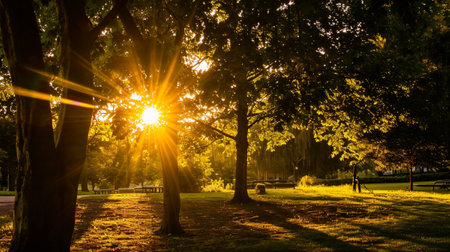 The warm evening sunlight shining through the treesの素材