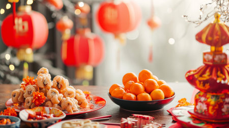 Table with beautiful decorations for Chinese New Year celebration in roomの素材