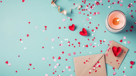 Valentines Day background. Gifts, candle, confetti, envelope on pastel blue backgroundの素材