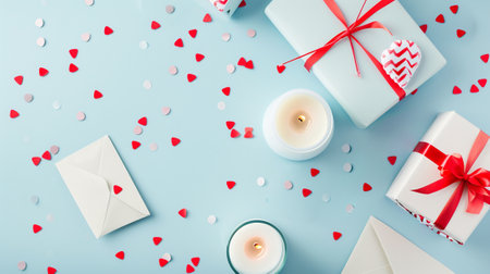 Valentines Day background. Gifts, candle, confetti, envelope on pastel blue backgroundの素材