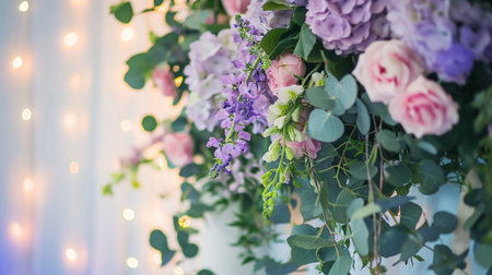 wedding decoration. Green eucalyptus, lilac and pink flowers decorate wedding altarの素材