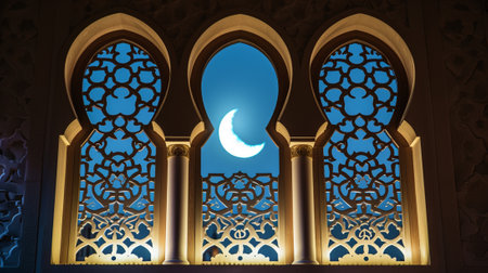 Traditional islamic window with moonlight for Ramadan Kareem. Mosque interior at nightの素材