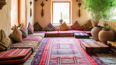 Traditional Arabic style seating area with carpet and cushionsの素材