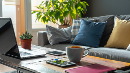 Home office of manager, freelance or blogger. Sofa with pillows, table with laptopの素材