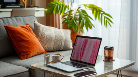 Home office of manager, freelance or blogger. Sofa with pillows, table with laptopの素材