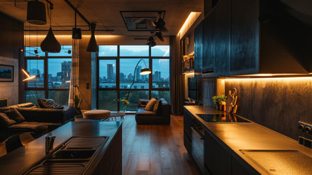 Luxury studio apartment with a premium contemporary kitchen loft style in dark colorsの素材